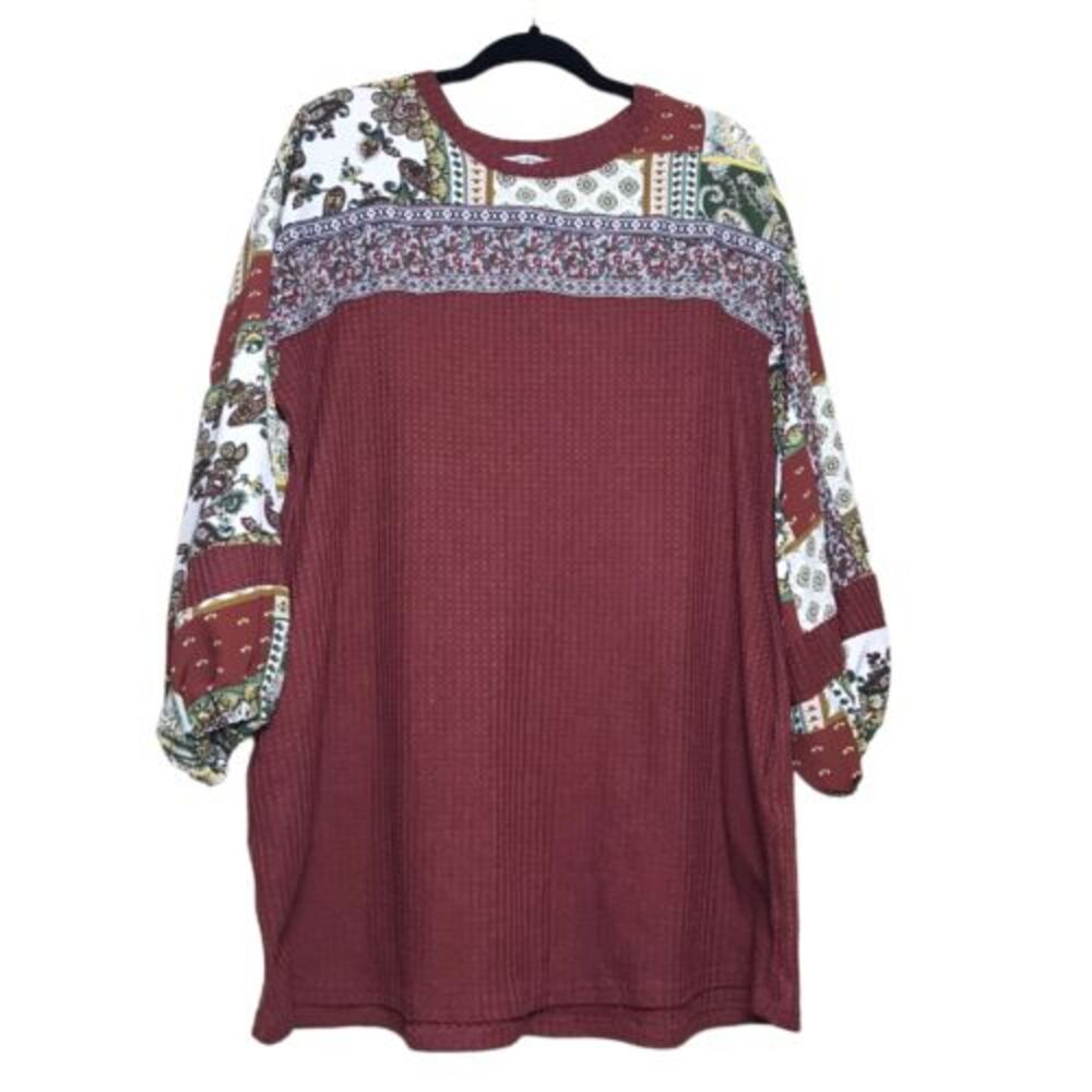 Umgee Top Womens‎ Small Brown Paisley Oversized Waffle Tunic Pockets 3/4 Sleeves